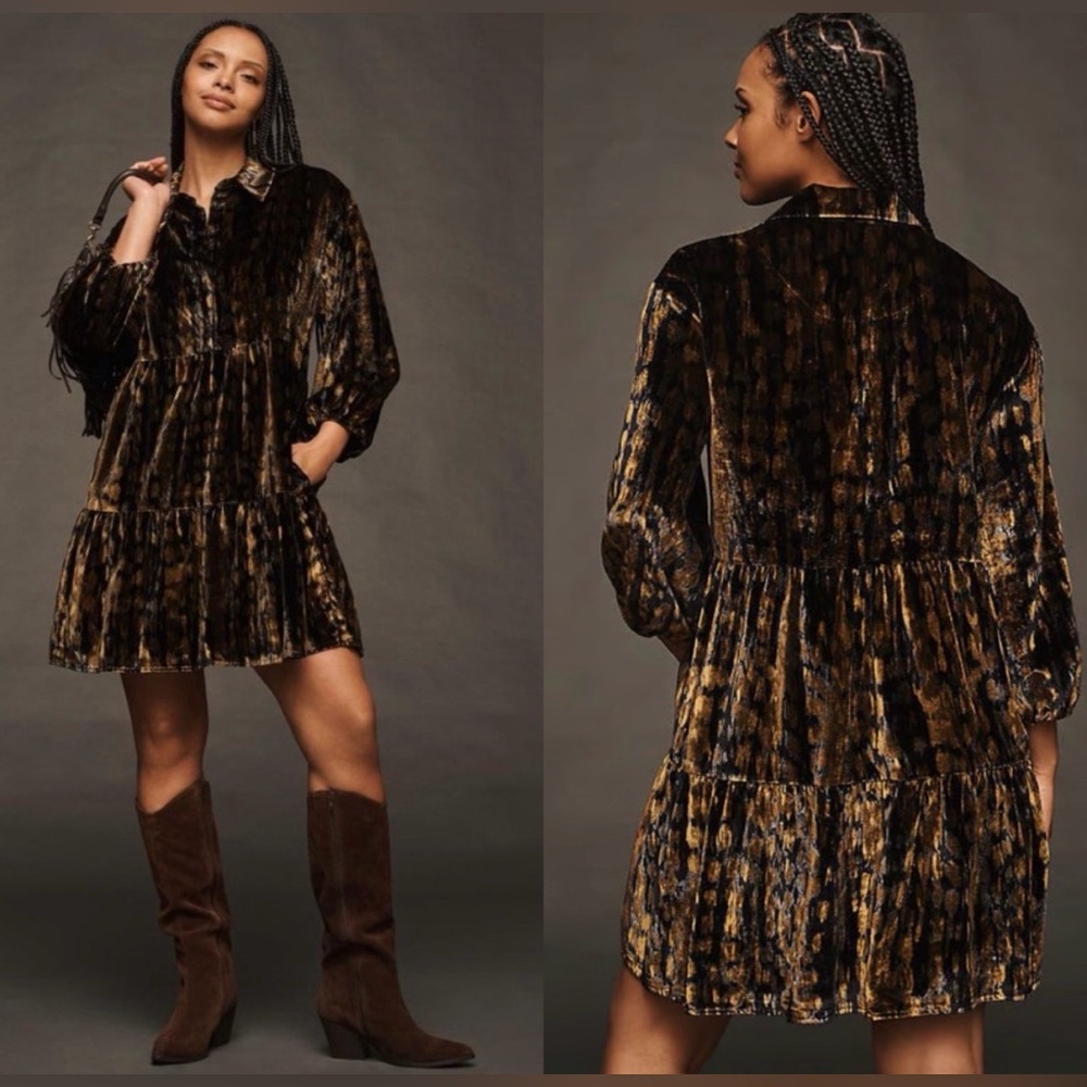 Anthropologie Maeve Bettina Tiered Velvet Shirt Dress